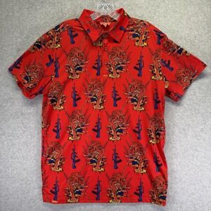 Retro Rifle Tiger Polo Shirt Mens Medium Red Tiger Rifle Print Golf Stretch